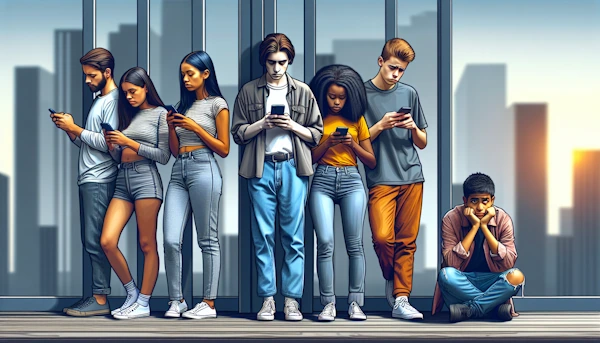 gruppo di giovani con smartphone e solitudine